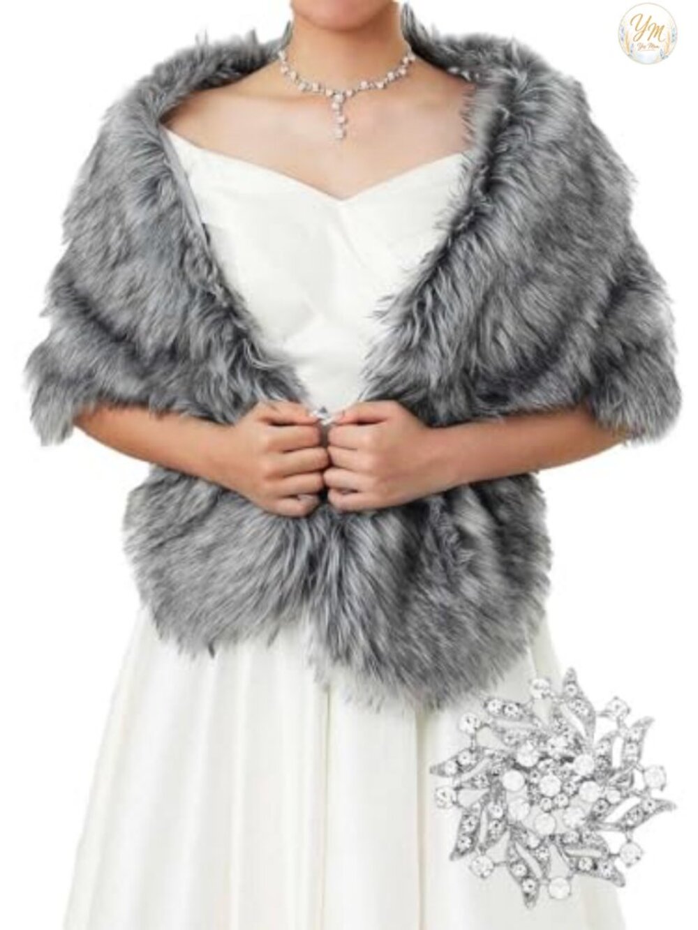 Faux Fur Wedding Shawl Wrap with Brooch Bridal Stole for Bride & Bridesmaids